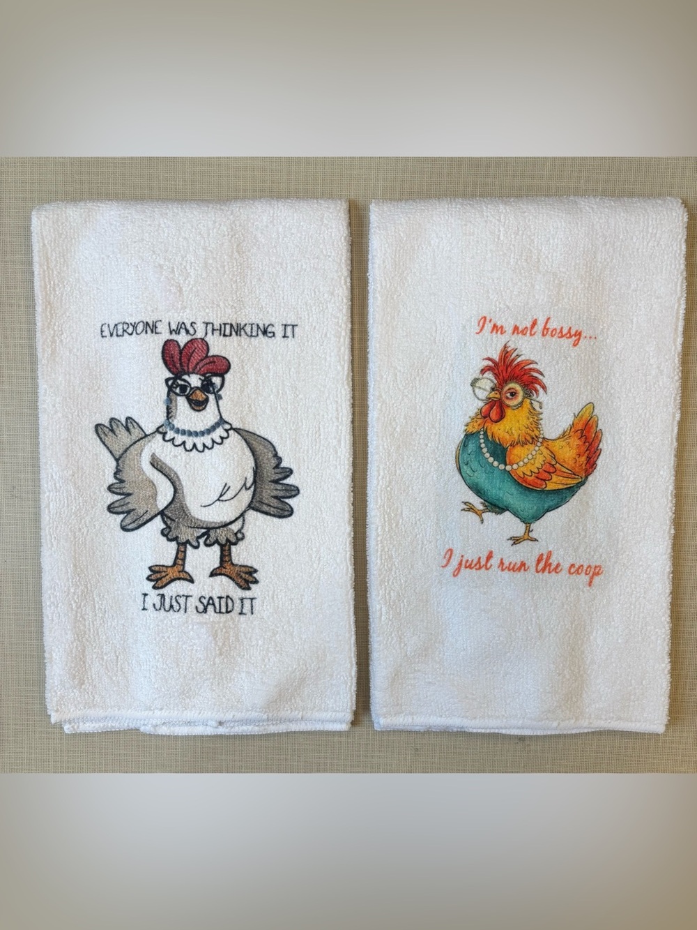 NEW Set of 2 Embroidered Chicken Tea Towels - White with Multicolor Designs